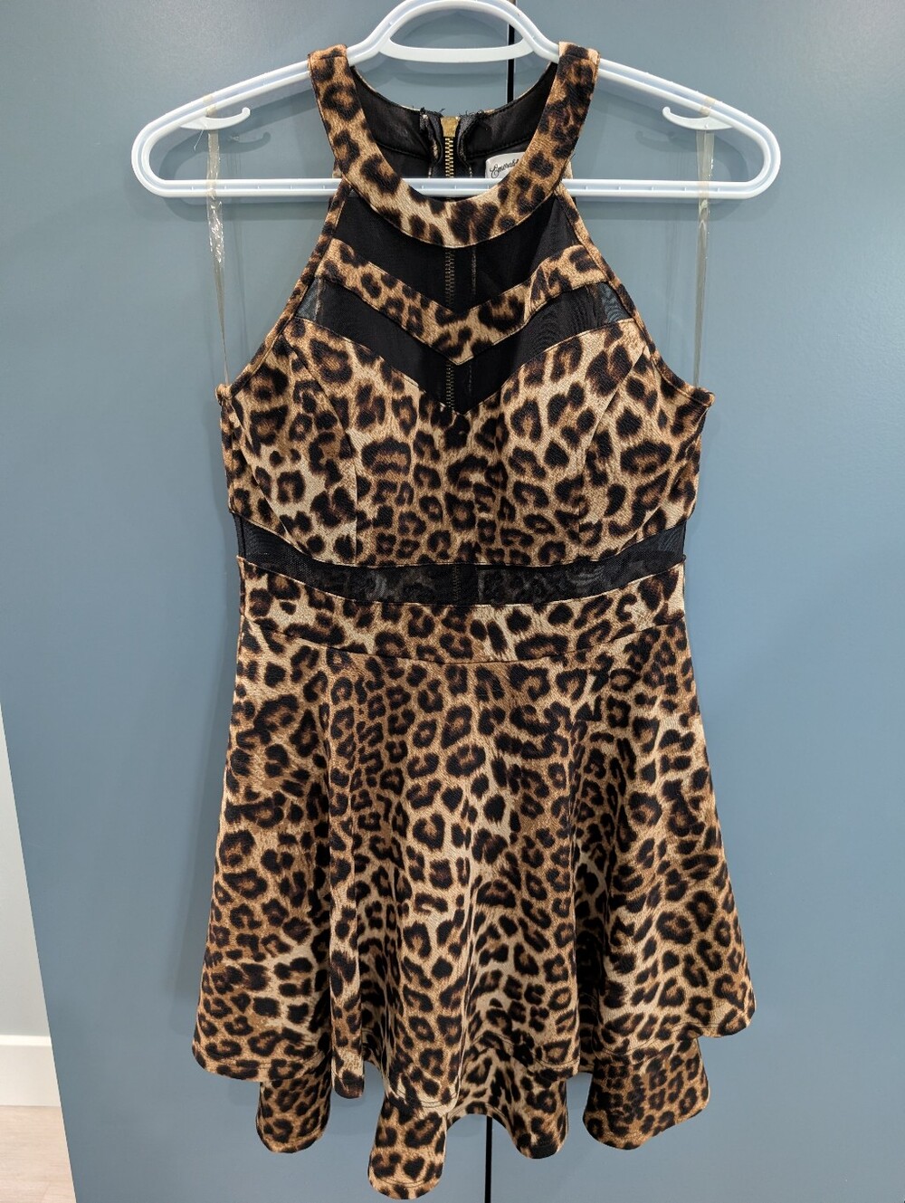 Emerald Sundae High-Collared Mesh Cut Out Leopard Dress